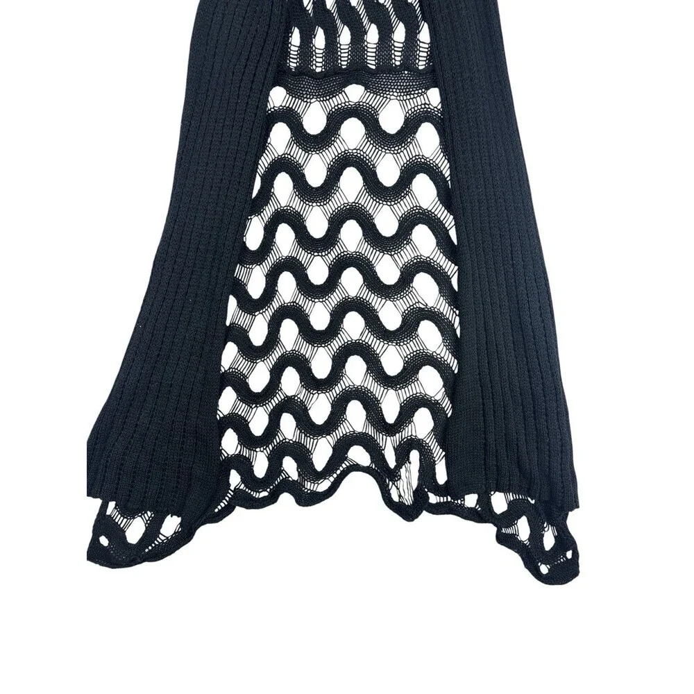 BCBG Draped Open Knit Tank Duster Waterfall Scarf Black Crochet Boho Longline XL